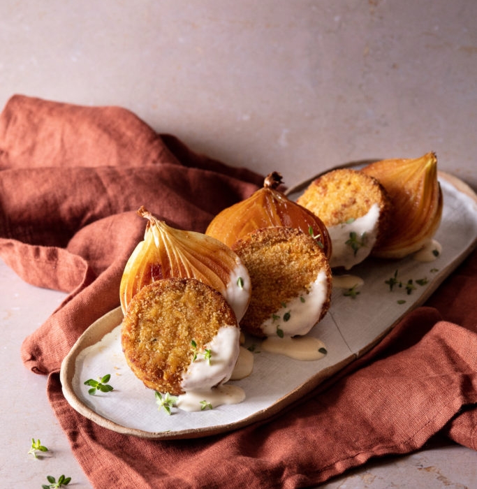 Mini burger zucca e carote con cipolle caramellate e besciamella