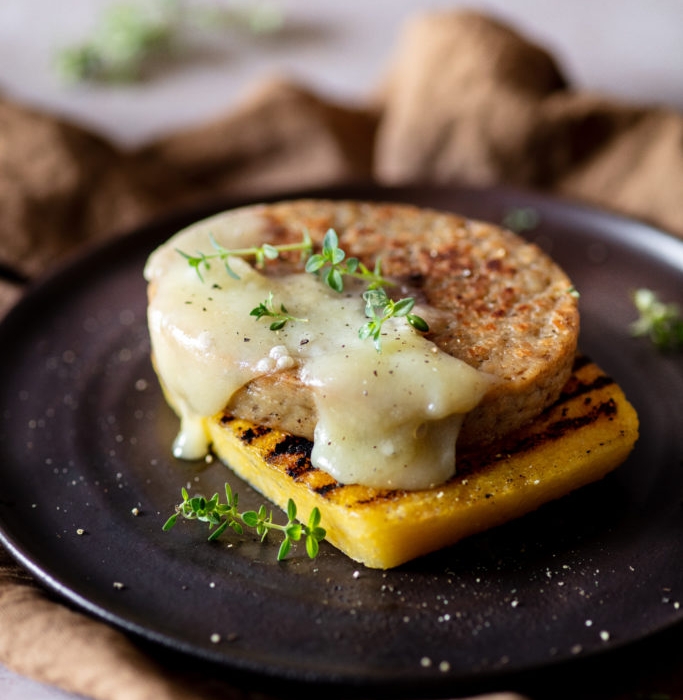 Grilled polenta medallions with mushroom burger