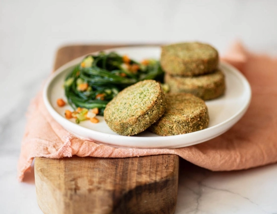 Mini Burgers with broccoli and sautéed saltwort with celery carrots and onion